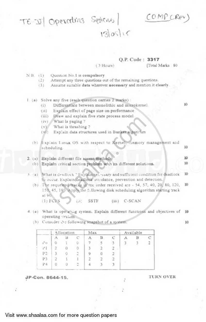 Operating Systems 2014-2015 - B.E. - Semester 5 (TE Third Year) - University of Mumbai question paper with PDF download