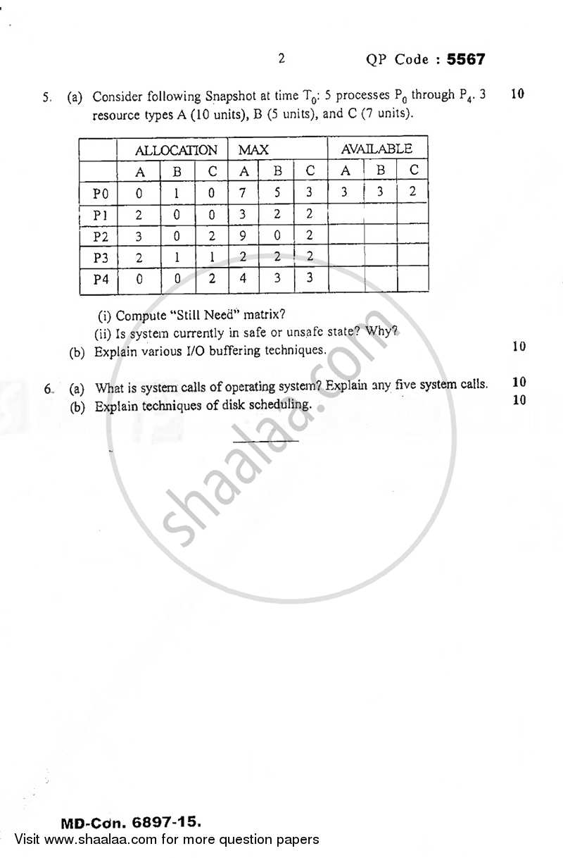 Operating Systems 2015-2016 - B.E. - Semester 5 (TE Third Year) - University of Mumbai question paper with PDF download