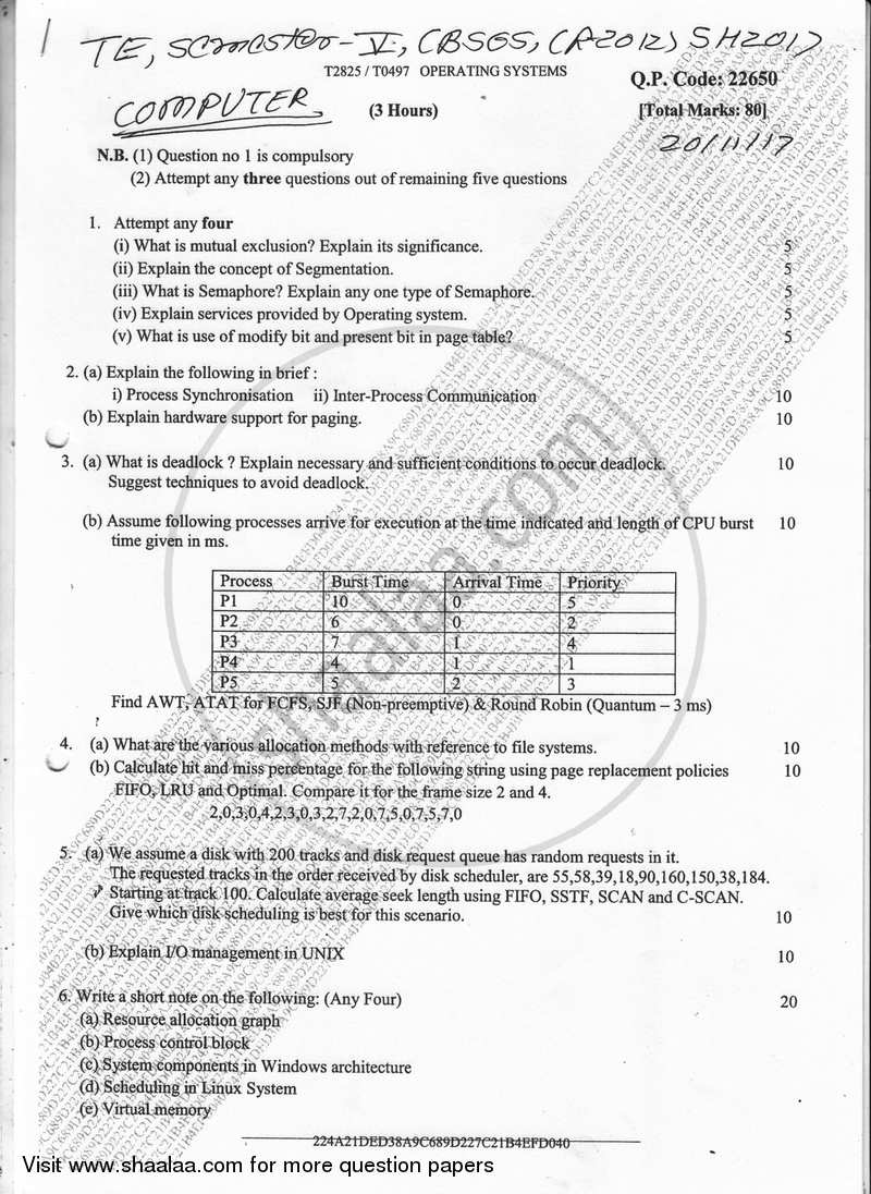 Operating Systems 2017-2018 - B.E. - Semester 5 (TE Third Year) - University of Mumbai question paper with PDF download