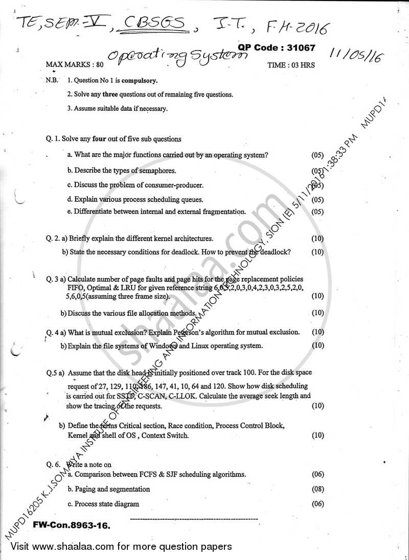 Operating Systems 2015-2016 - B.E. - Semester 5 (TE Third Year) - University of Mumbai question paper with PDF download