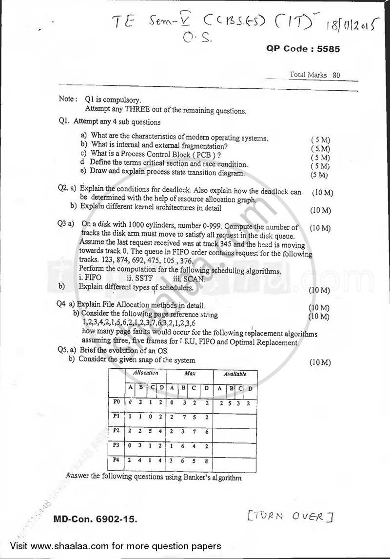 Operating Systems 2015-2016 - B.E. - Semester 5 (TE Third Year) - University of Mumbai question paper with PDF download