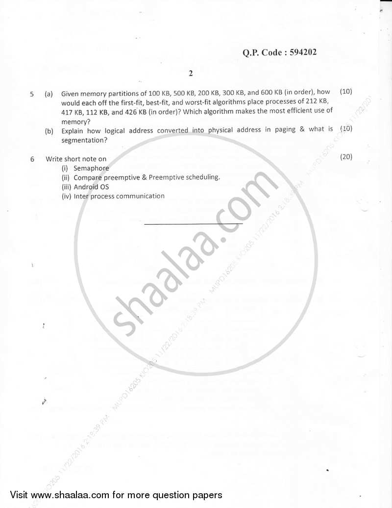 Operating Systems 2016-2017 - B.E. - Semester 5 (TE Third Year) - University of Mumbai question paper with PDF download