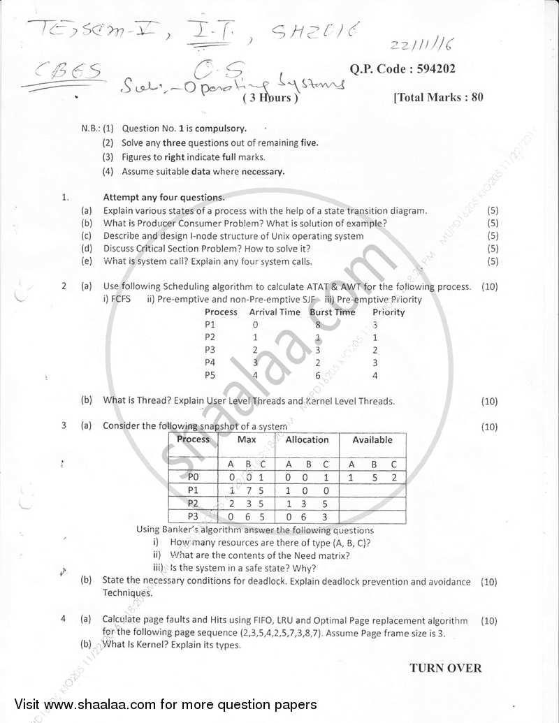 Operating Systems 2016-2017 - B.E. - Semester 5 (TE Third Year) - University of Mumbai question paper with PDF download