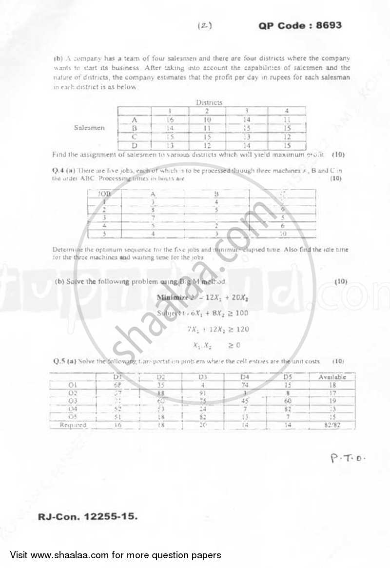 Operations Research 2014-2015 - B.E. - Semester 7 (BE Fourth Year) - University of Mumbai question paper with PDF download