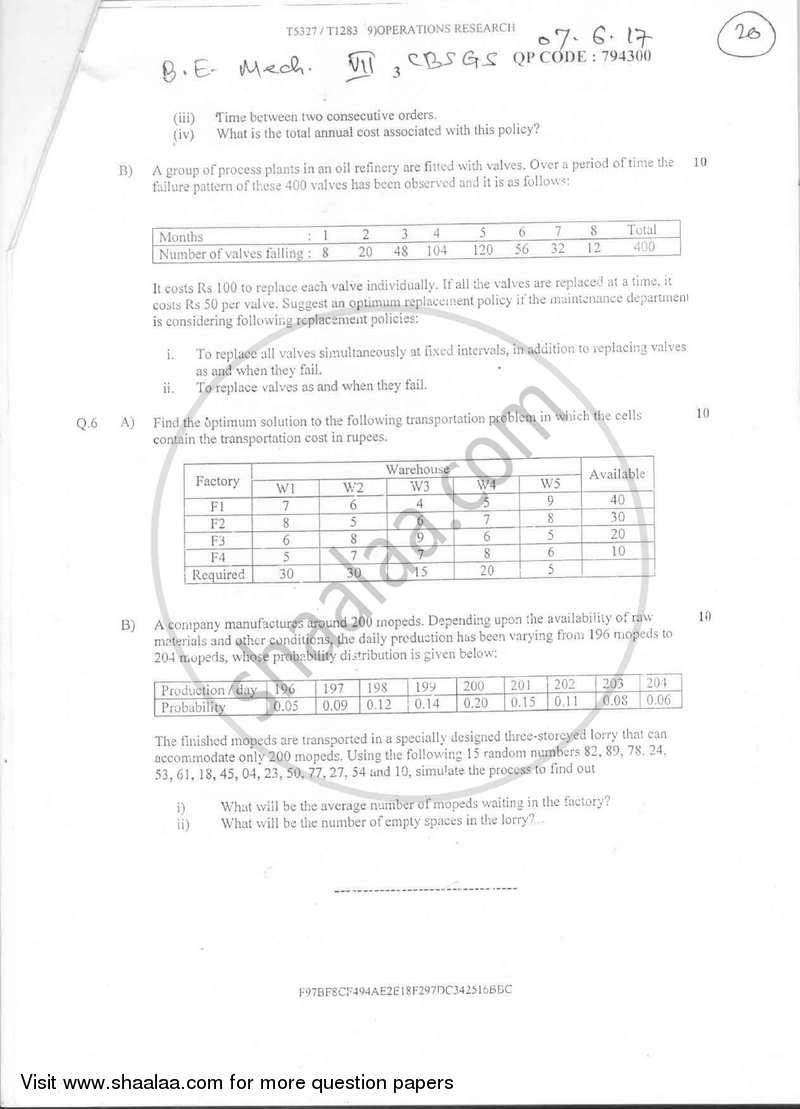 Operations Research 2016-2017 - B.E. - Semester 7 (BE Fourth Year) - University of Mumbai question paper with PDF download