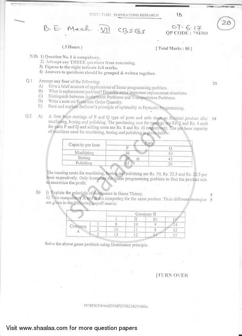 Operations Research 2016-2017 - B.E. - Semester 7 (BE Fourth Year) - University of Mumbai question paper with PDF download