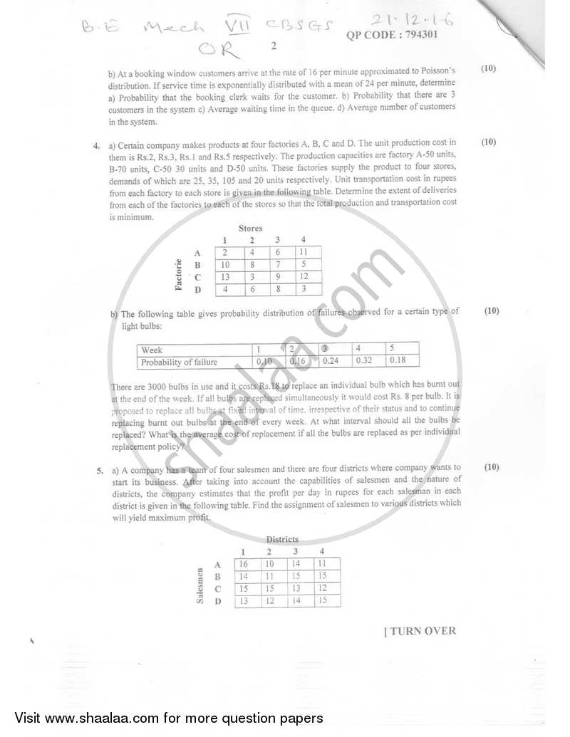 Operations Research 2016-2017 - B.E. - Semester 7 (BE Fourth Year) - University of Mumbai question paper with PDF download