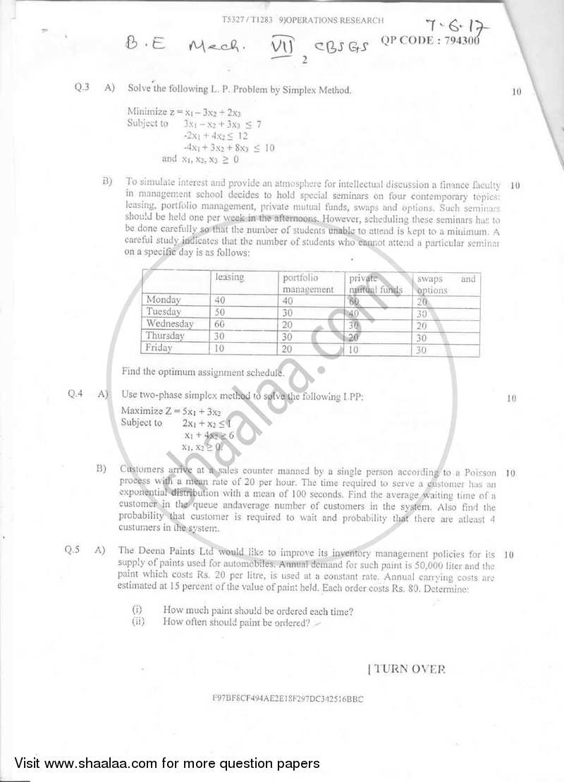 Operations Research 2016-2017 - B.E. - Semester 7 (BE Fourth Year) - University of Mumbai question paper with PDF download