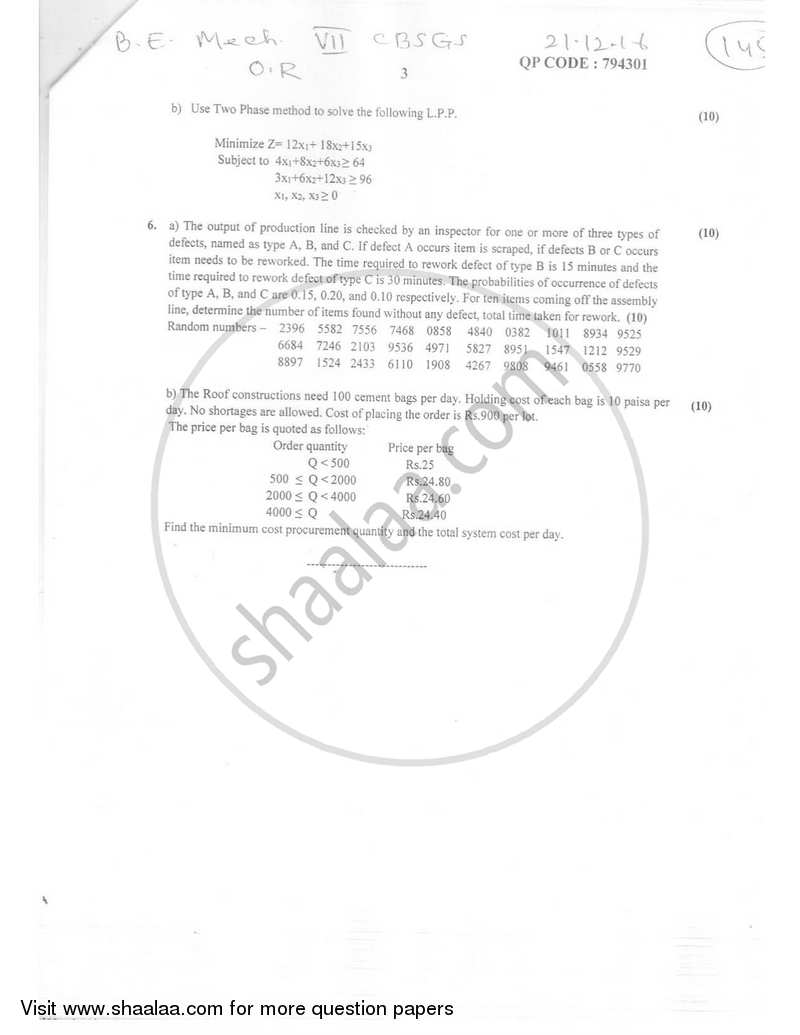 Operations Research 2016-2017 - B.E. - Semester 7 (BE Fourth Year) - University of Mumbai question paper with PDF download