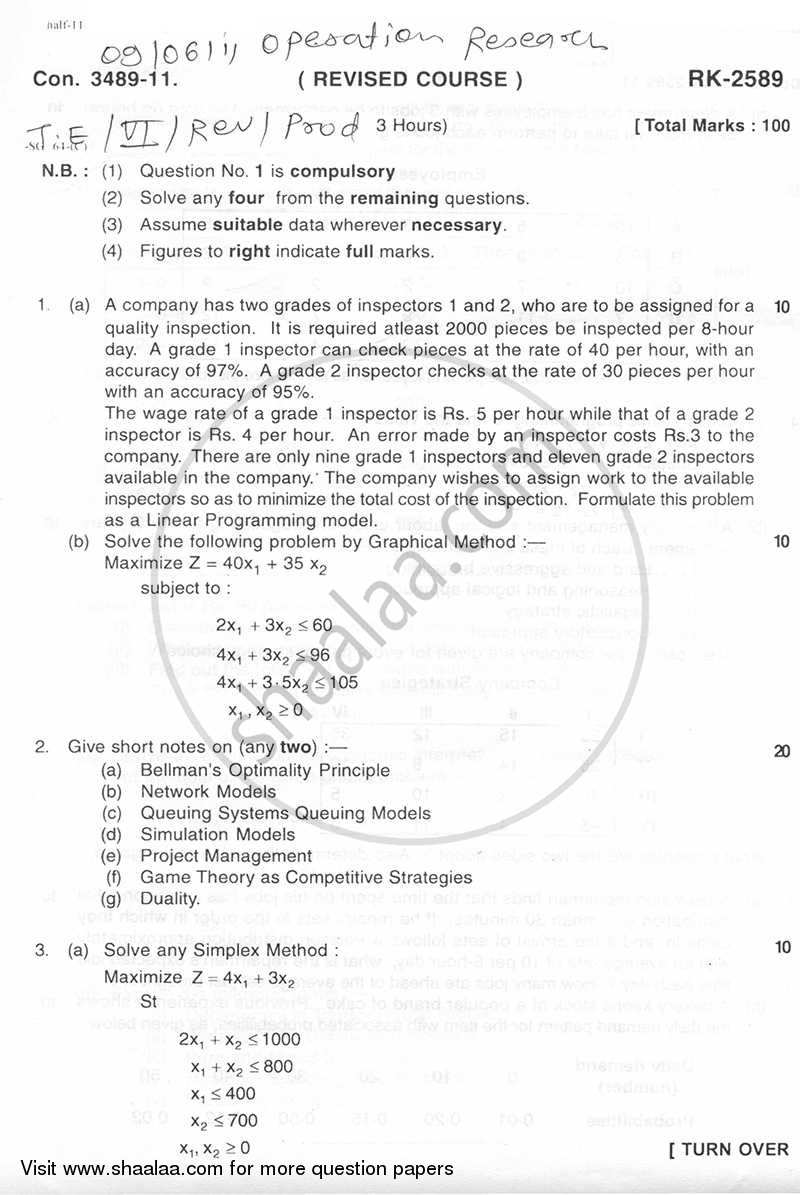 Operations Research 2010-2011 - B.E. - Semester 6 (TE Third Year) - University of Mumbai question paper with PDF download