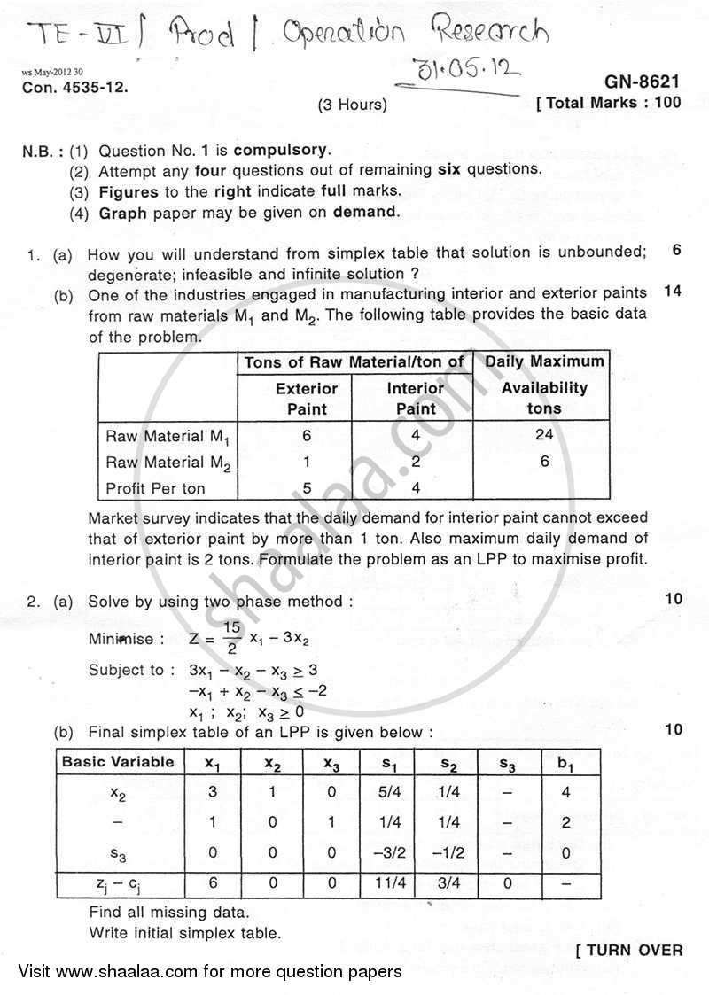 Operations Research 2011-2012 - B.E. - Semester 6 (TE Third Year) - University of Mumbai question paper with PDF download