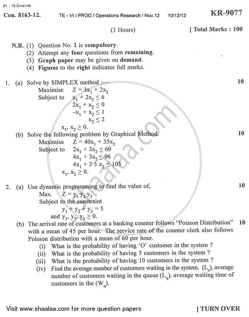 Operations Research 2012-2013 - B.E. - Semester 6 (TE Third Year) - University of Mumbai question paper with PDF download
