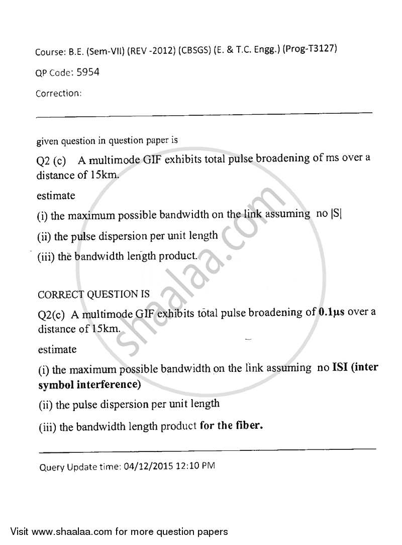 Optical Communication and Networks 2015-2016 - B.E. - Semester 7 (BE Fourth Year) - University of Mumbai question paper with PDF download