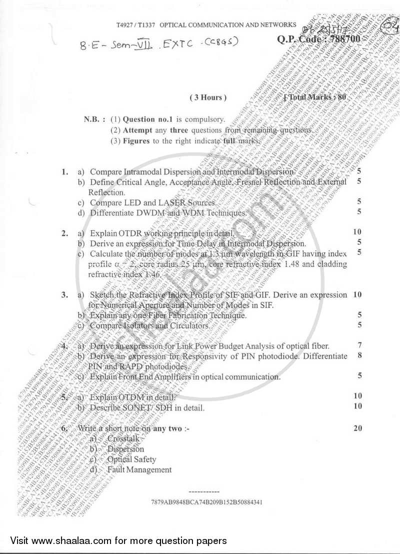 Optical Communication and Networks 2016-2017 - B.E. - Semester 7 (BE Fourth Year) - University of Mumbai question paper with PDF download