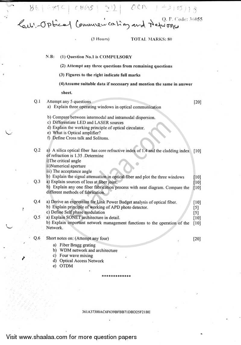 Optical Communication and Networks 2017-2018 - B.E. - Semester 7 (BE Fourth Year) - University of Mumbai question paper with PDF download