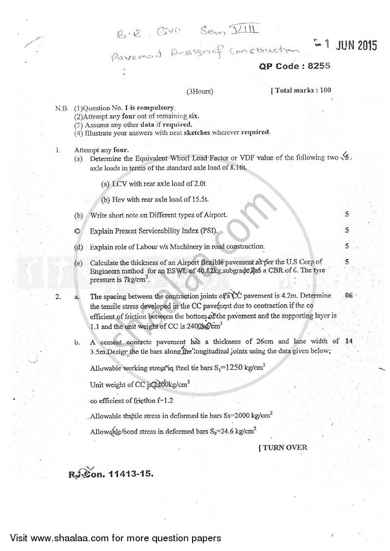 Pavement Design and Construction 2014-2015 - B.E. - Semester 8 (BE Fourth Year) - University of Mumbai question paper with PDF download