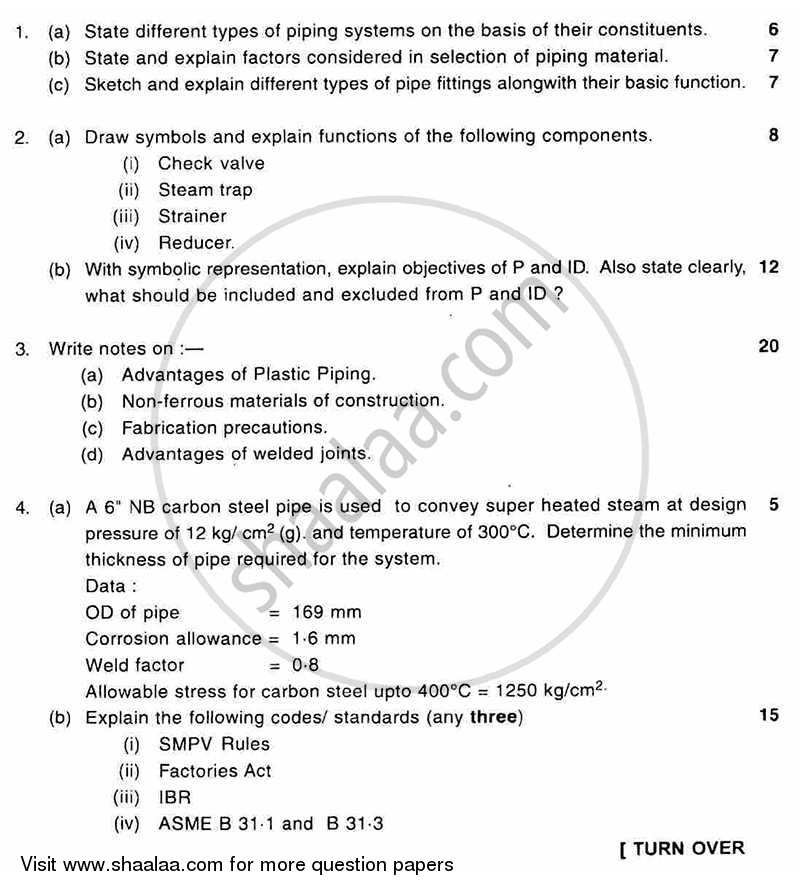 Piping Engineering 2011-2012 - B.E. - Semester 6 (TE Third Year) - University of Mumbai question paper with PDF download