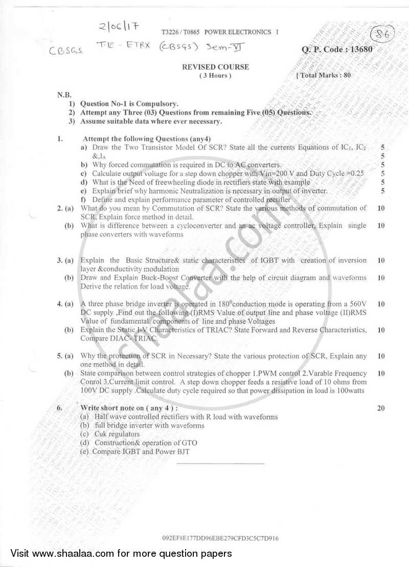 Power Electronics 1 2016-2017 - B.E. - Semester 6 (TE Third Year) - University of Mumbai question paper with PDF download
