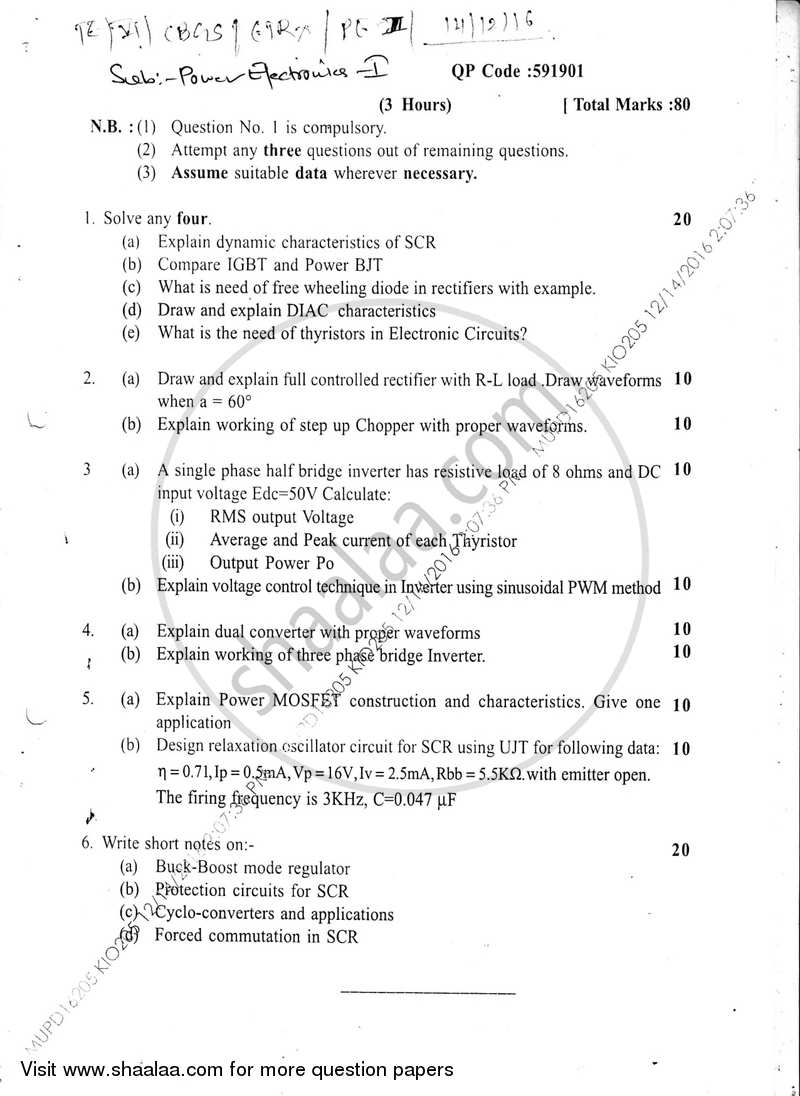 Power Electronics 1 2016-2017 - B.E. - Semester 6 (TE Third Year) - University of Mumbai question paper with PDF download