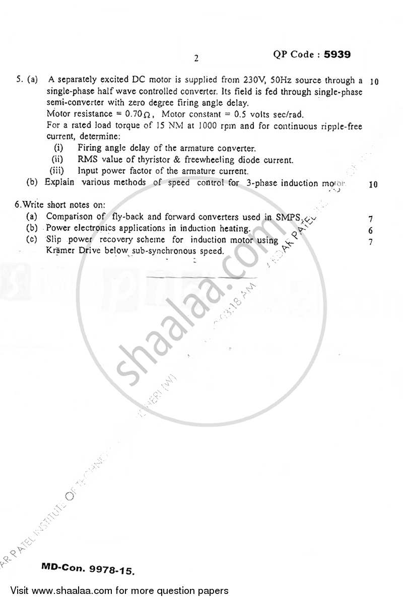 Power Electronics 2 2015-2016 - B.E. - Semester 7 (BE Fourth Year) - University of Mumbai question paper with PDF download