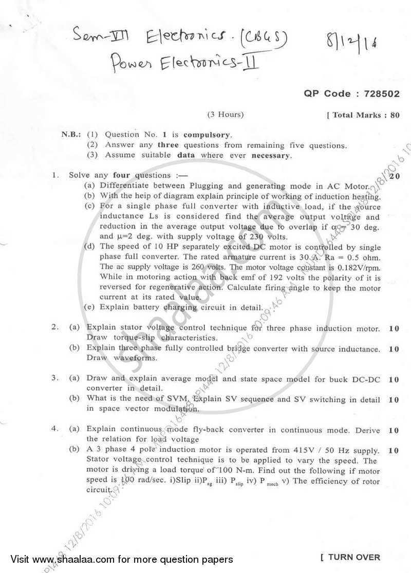Power Electronics 2 2016-2017 - B.E. - Semester 7 (BE Fourth Year) - University of Mumbai question paper with PDF download