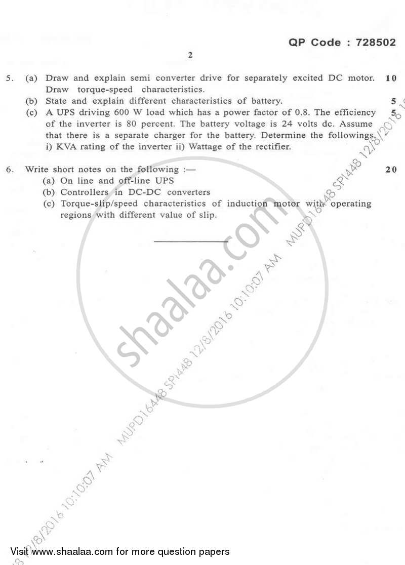 Power Electronics 2 2016-2017 - B.E. - Semester 7 (BE Fourth Year) - University of Mumbai question paper with PDF download