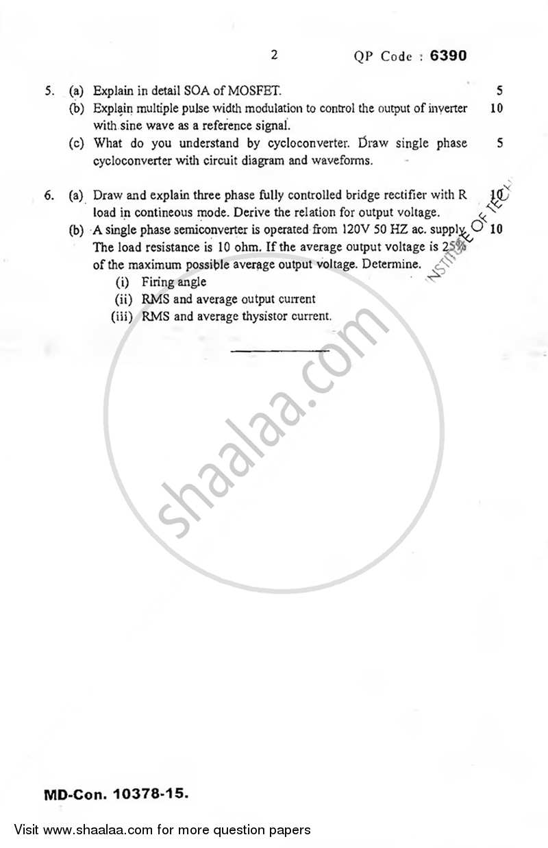 Power Electronics 2015-2016 - B.E. - Semester 6 (TE Third Year) - University of Mumbai question paper with PDF download