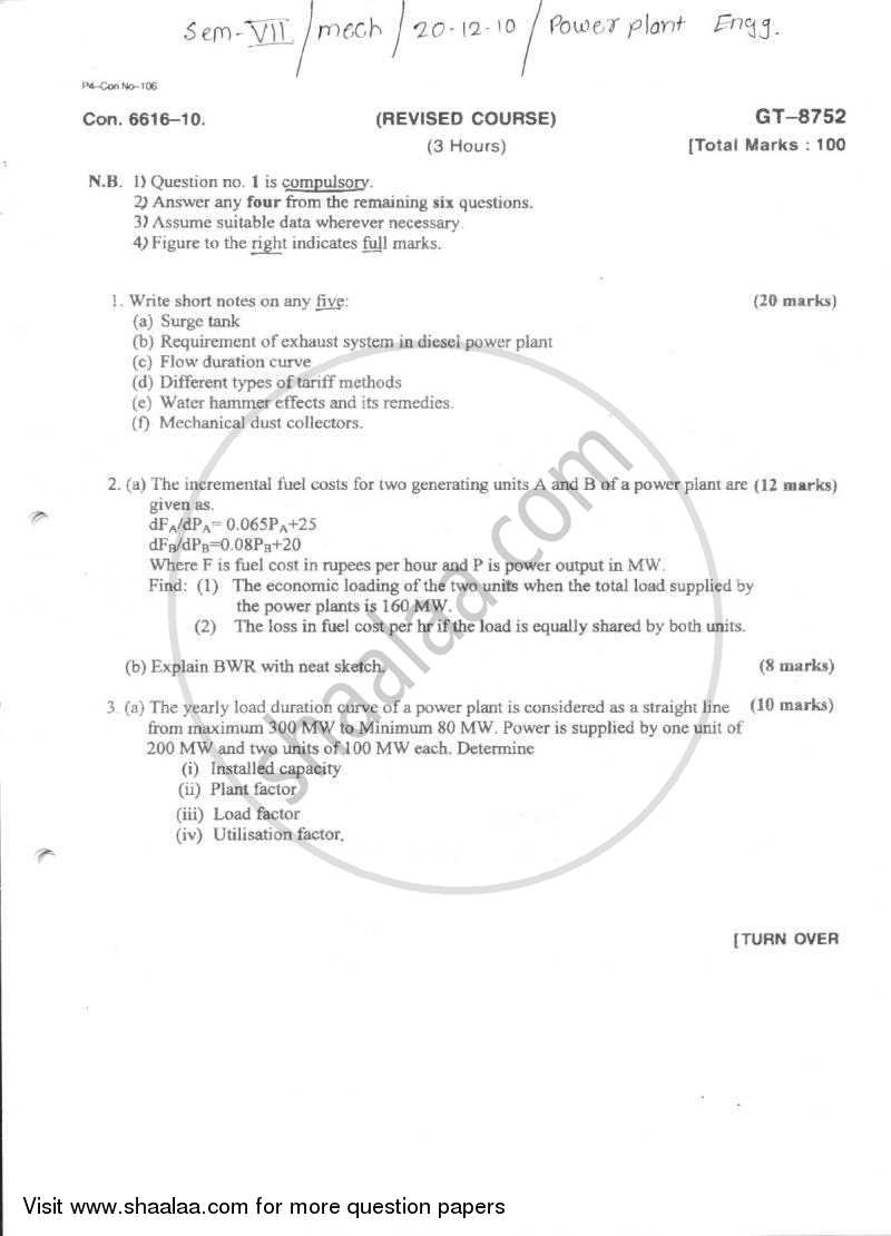 Power Plant Engineering 2010-2011 - B.E. - Semester 7 (BE Fourth Year) - University of Mumbai question paper with PDF download