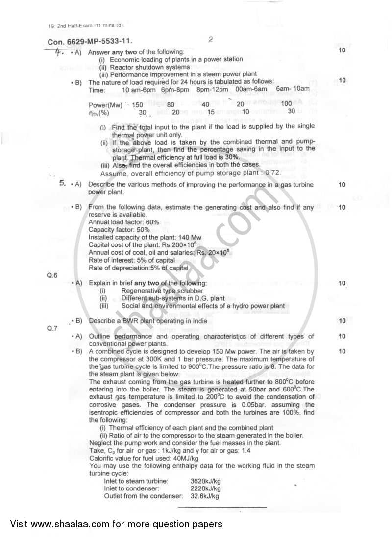 Power Plant Engineering 2011-2012 - B.E. - Semester 7 (BE Fourth Year) - University of Mumbai question paper with PDF download