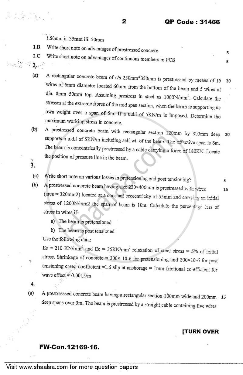 Prestressed Concrete 2015-2016 - B.E. - Semester 7 (BE Fourth Year) - University of Mumbai question paper with PDF download