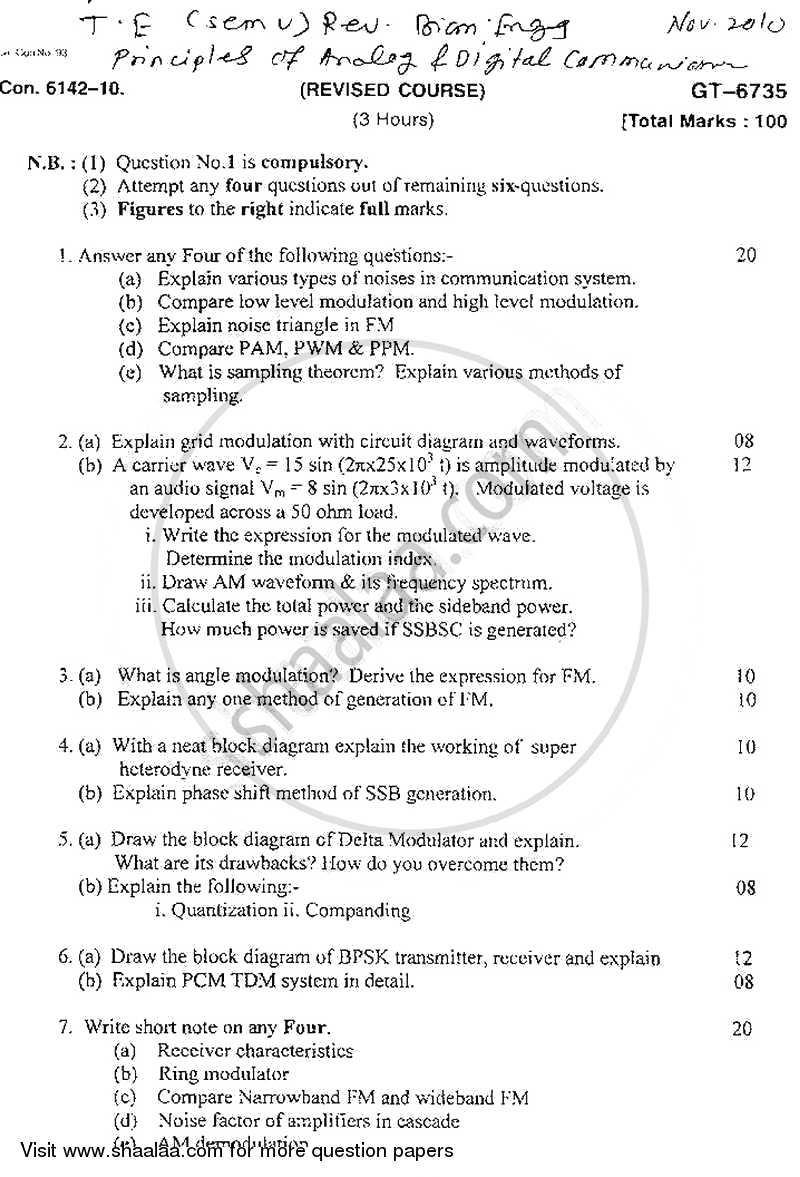 Principes of Analog and Digital Communication 2010-2011 - B.E. - Semester 3 (SE Second Year) - University of Mumbai question paper with PDF download
