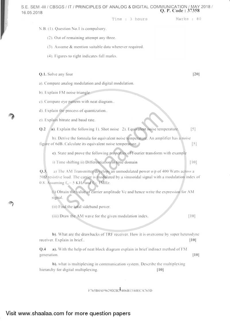 Principes of Analog and Digital Communication 2017-2018 - B.E. - Semester 3 (SE Second Year) - University of Mumbai question paper with PDF download