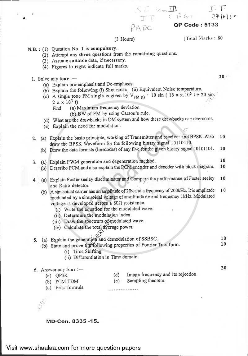 Principles of Analog and Digital Communication 2015-2016 - B.E. - Semester 3 (SE Second Year) - University of Mumbai question paper with PDF download
