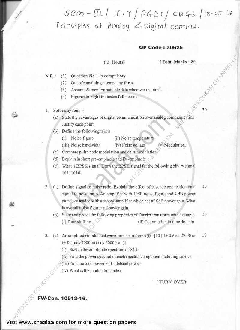 Principles of Analog and Digital Communication 2015-2016 - B.E. - Semester 3 (SE Second Year) - University of Mumbai question paper with PDF download