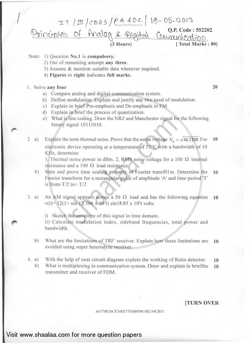 Principles of Analog and Digital Communication 2016-2017 - B.E. - Semester 3 (SE Second Year) - University of Mumbai question paper with PDF download