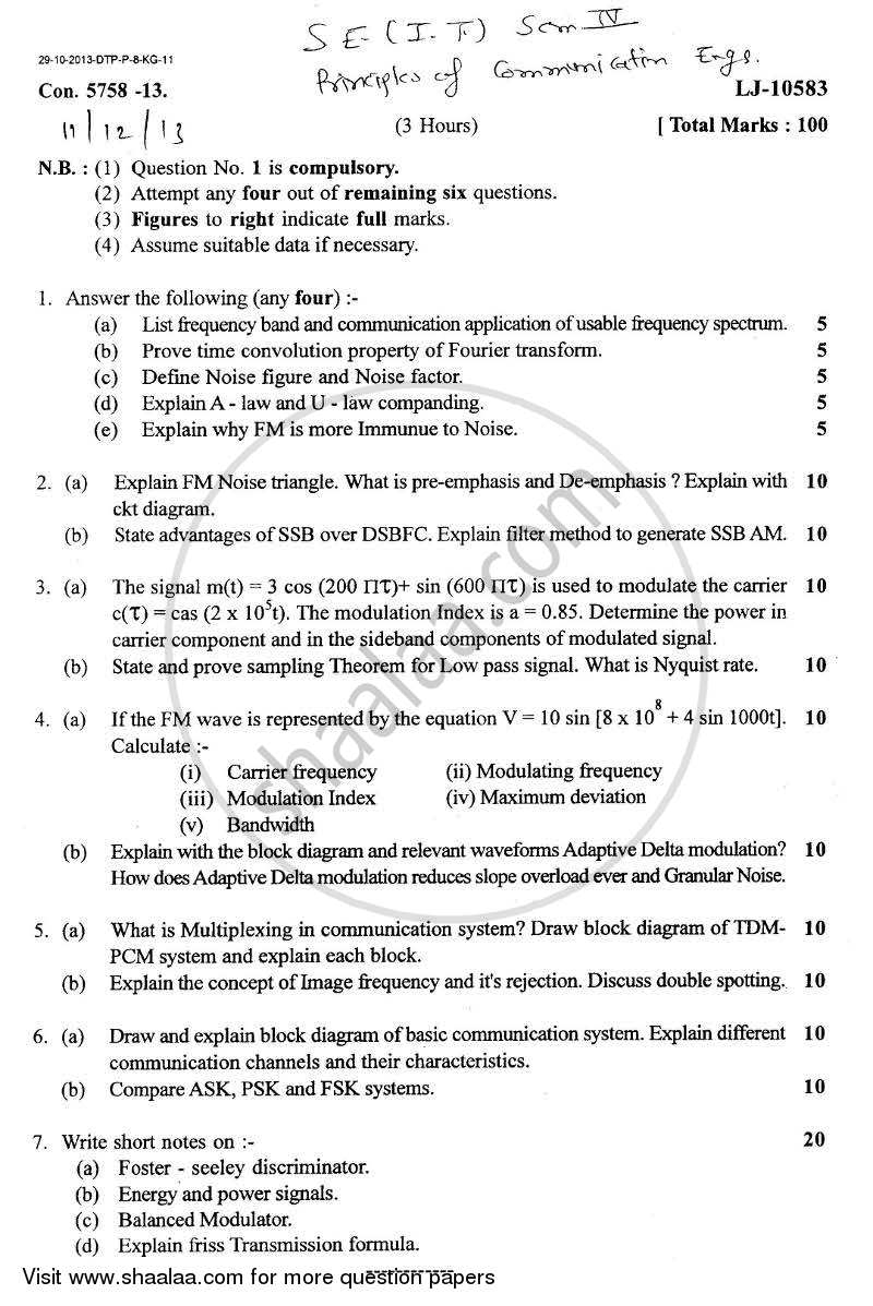 Principles of Communication Engineering 2013-2014 - B.E. - Semester 4 (SE Second Year) - University of Mumbai question paper with PDF download