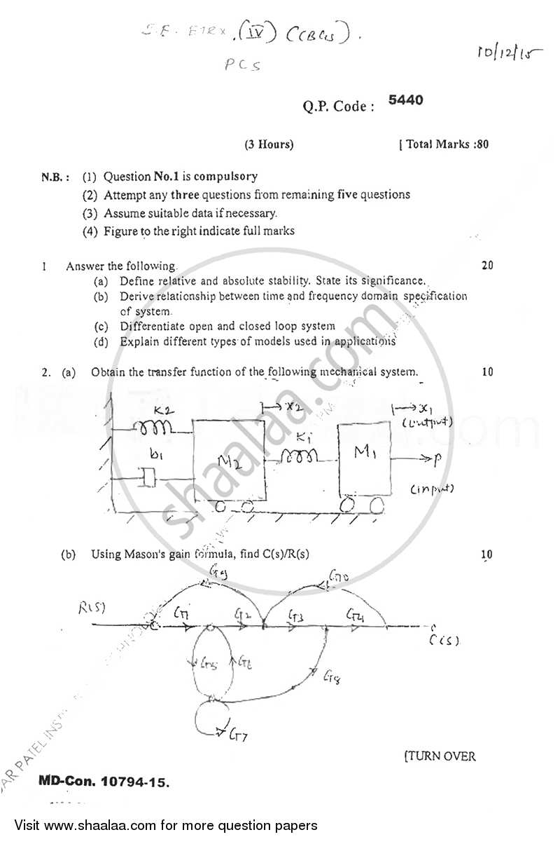 Principles of Control Systems 2015-2016 - B.E. - Semester 4 (SE Second Year) - University of Mumbai question paper with PDF download