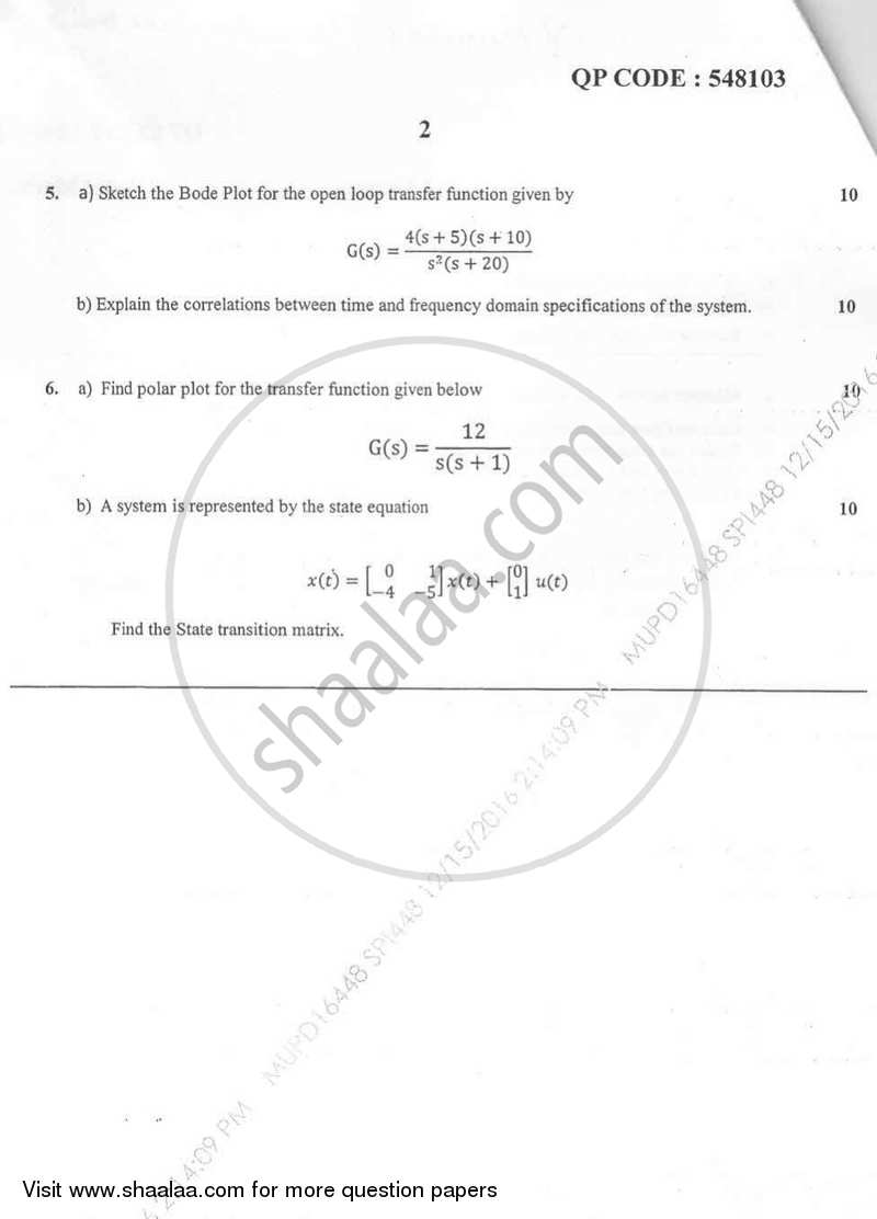 Principles of Control Systems 2016-2017 - B.E. - Semester 4 (SE Second Year) - University of Mumbai question paper with PDF download