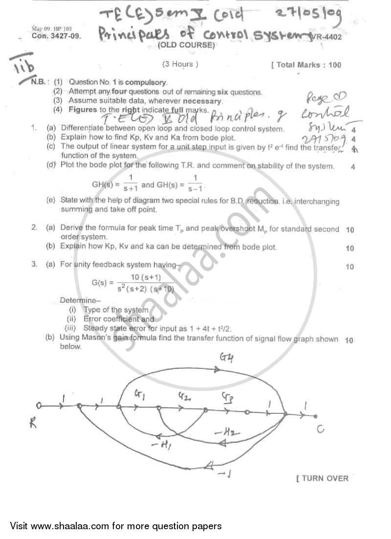 Principles of Control Systems 2008-2009 - B.E. - Semester 5 (TE Third Year) - University of Mumbai question paper with PDF download