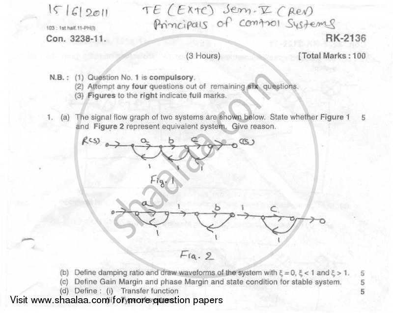 Principles of Control Systems 2010-2011 - B.E. - Semester 5 (TE Third Year) - University of Mumbai question paper with PDF download