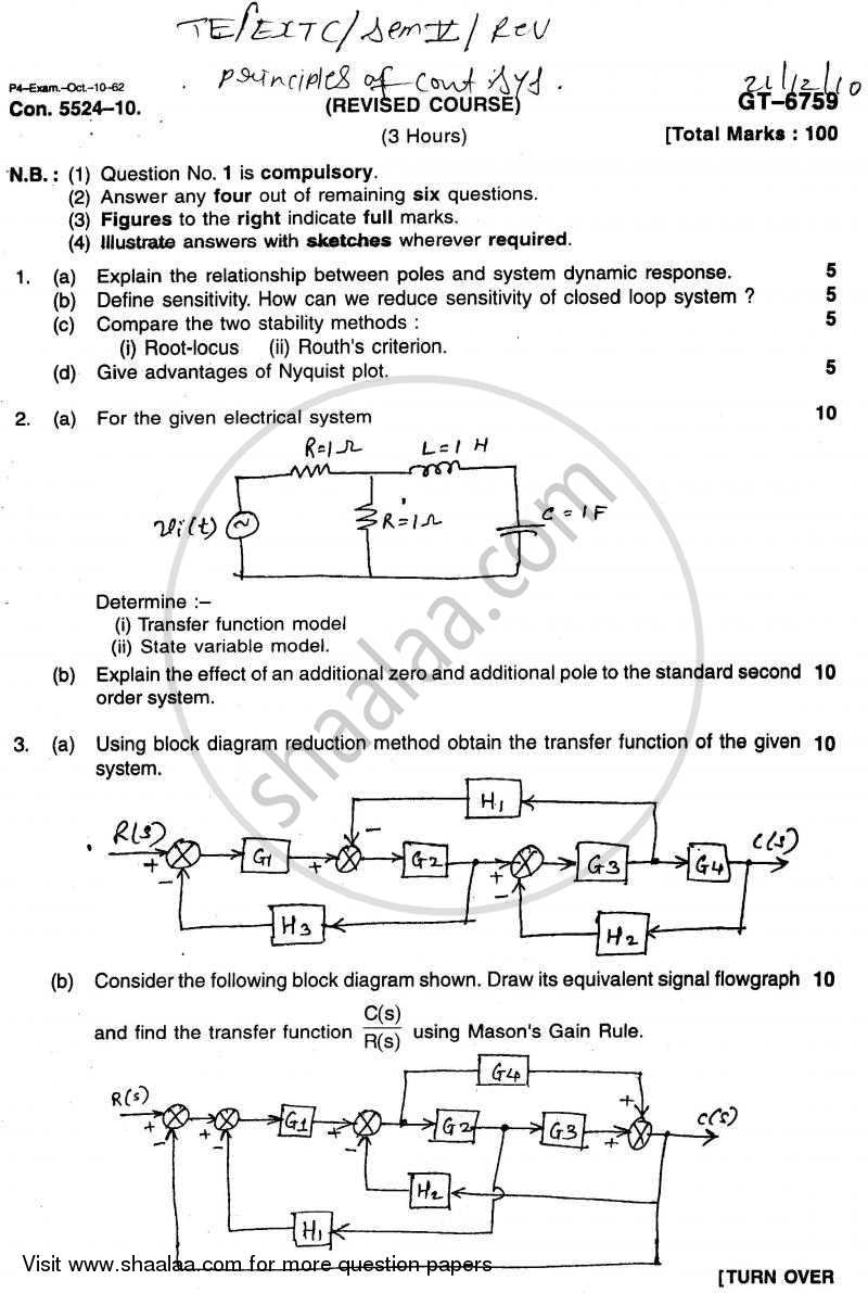 Principles of Control Systems 2010-2011 - B.E. - Semester 5 (TE Third Year) - University of Mumbai question paper with PDF download