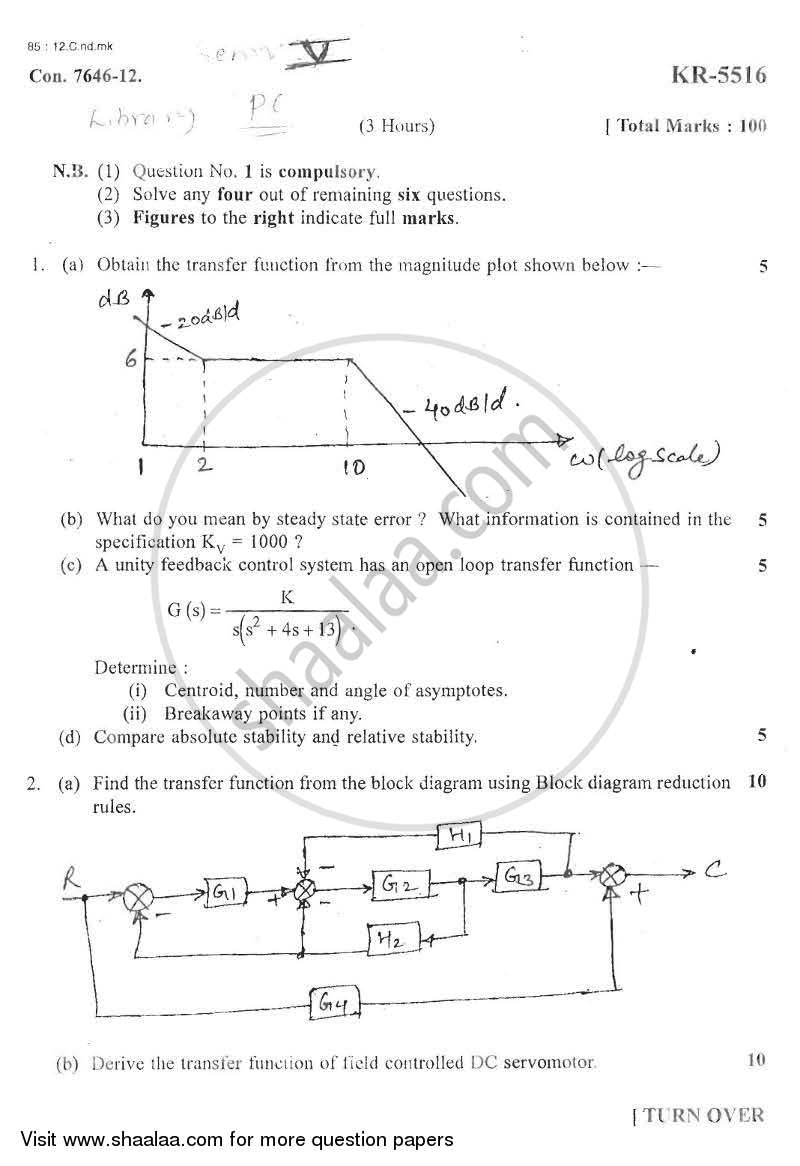 Principles of Control Systems 2012-2013 - B.E. - Semester 5 (TE Third Year) - University of Mumbai question paper with PDF download