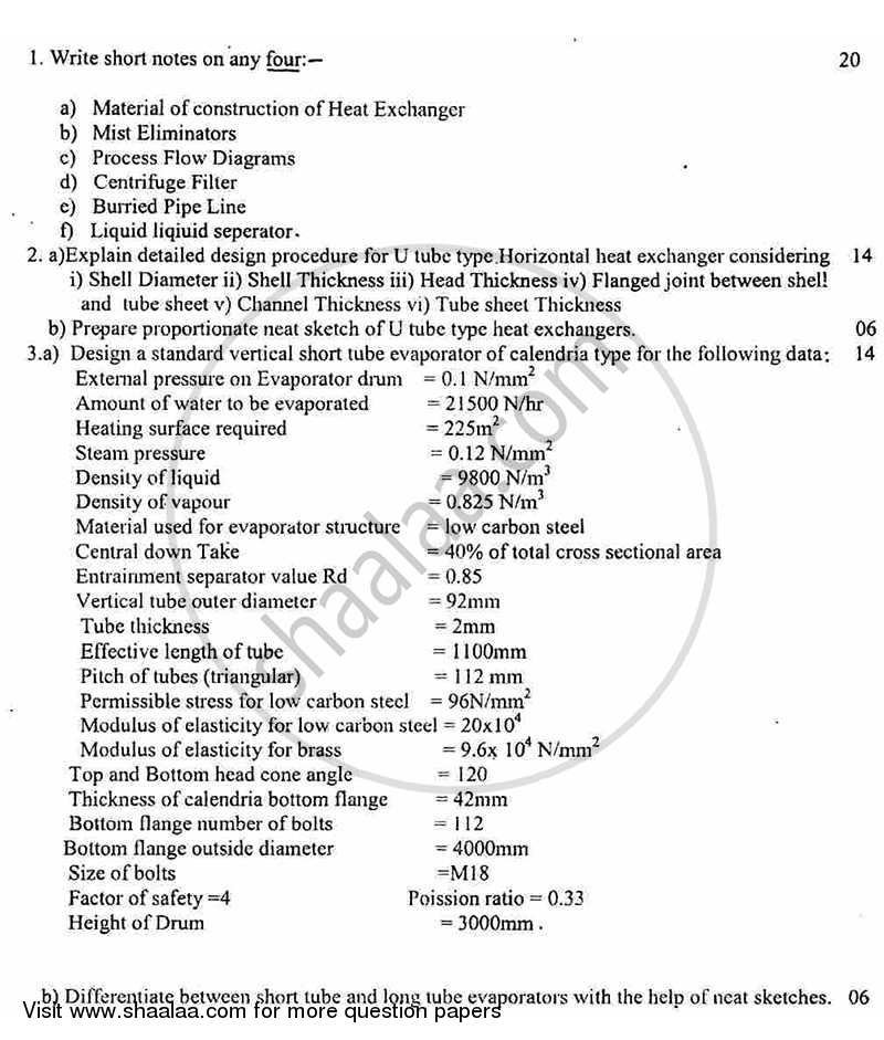 Process Equipment Design and Drawing 2 2011-2012 - B.E. - Semester 6 (TE Third Year) - University of Mumbai question paper with PDF download