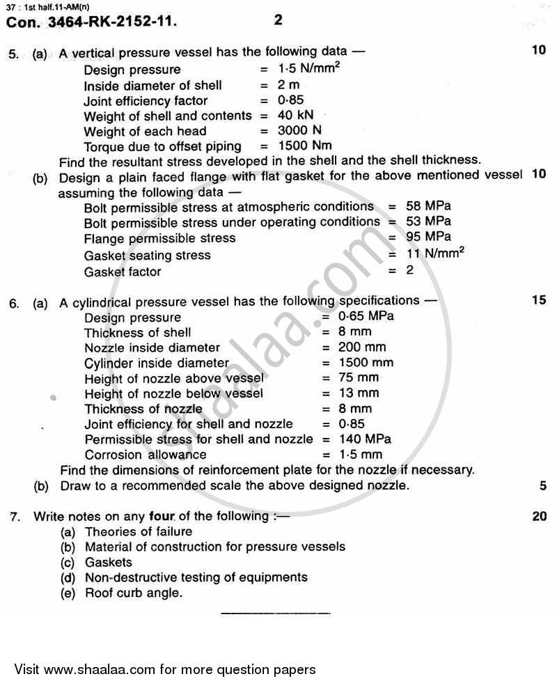 Process Equipment Design and Drawing 2010-2011 - B.E. - Semester 5 (TE Third Year) - University of Mumbai question paper with PDF download