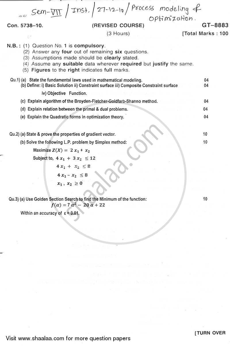 Process Modeling and Optimization 2010-2011 - B.E. - Semester 7 (BE Fourth Year) - University of Mumbai question paper with PDF download