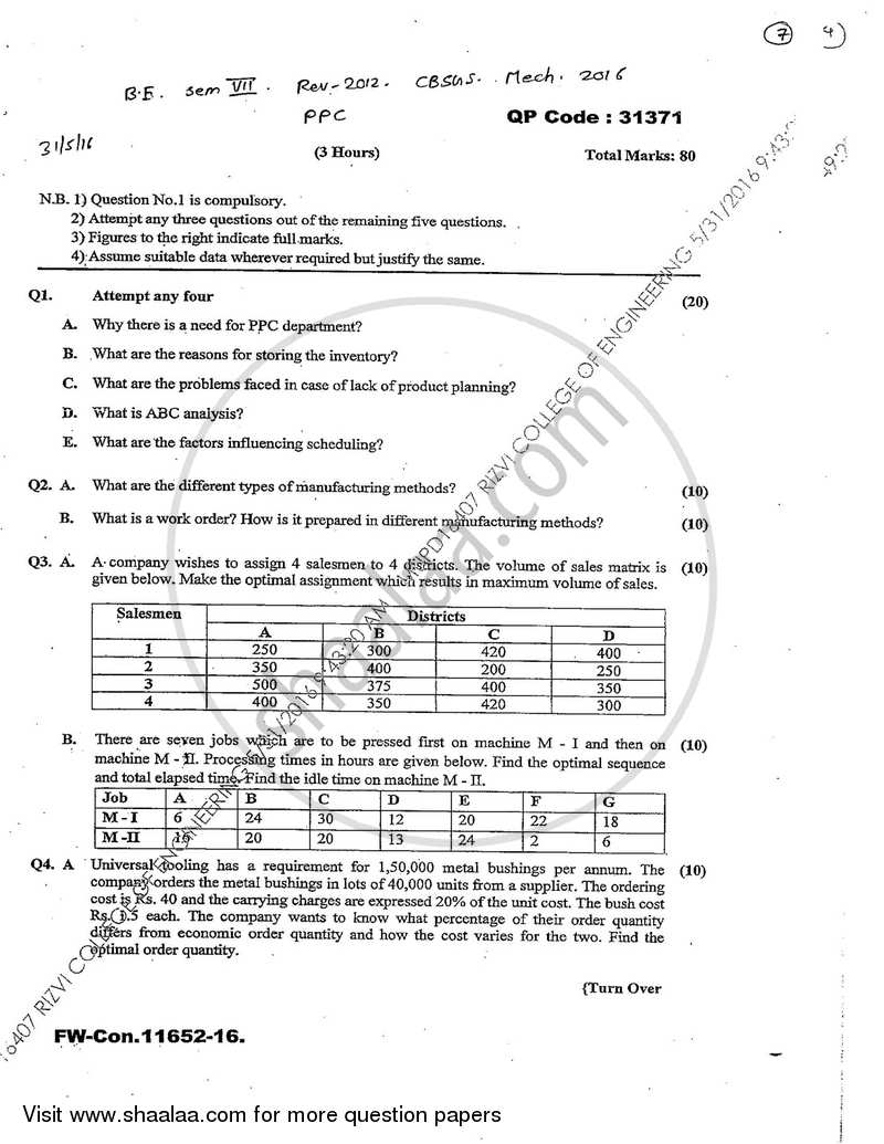Production Planning and Control 2015-2016 - B.E. - Semester 7 (BE Fourth Year) - University of Mumbai question paper with PDF download