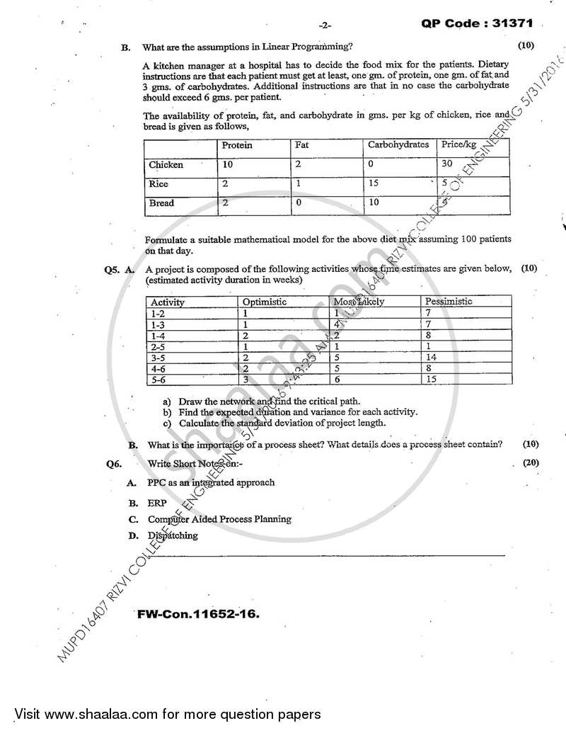 Production Planning and Control 2015-2016 - B.E. - Semester 7 (BE Fourth Year) - University of Mumbai question paper with PDF download