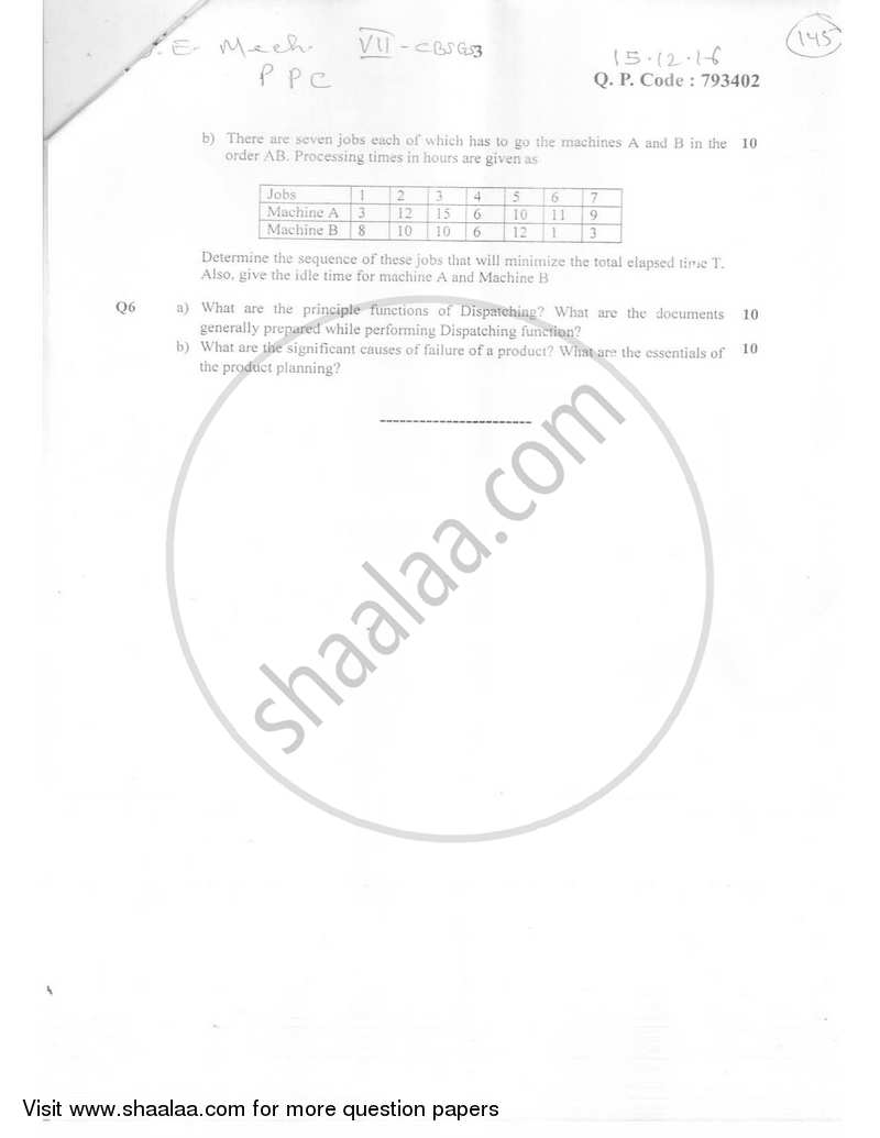 Production Planning and Control 2016-2017 - B.E. - Semester 7 (BE Fourth Year) - University of Mumbai question paper with PDF download