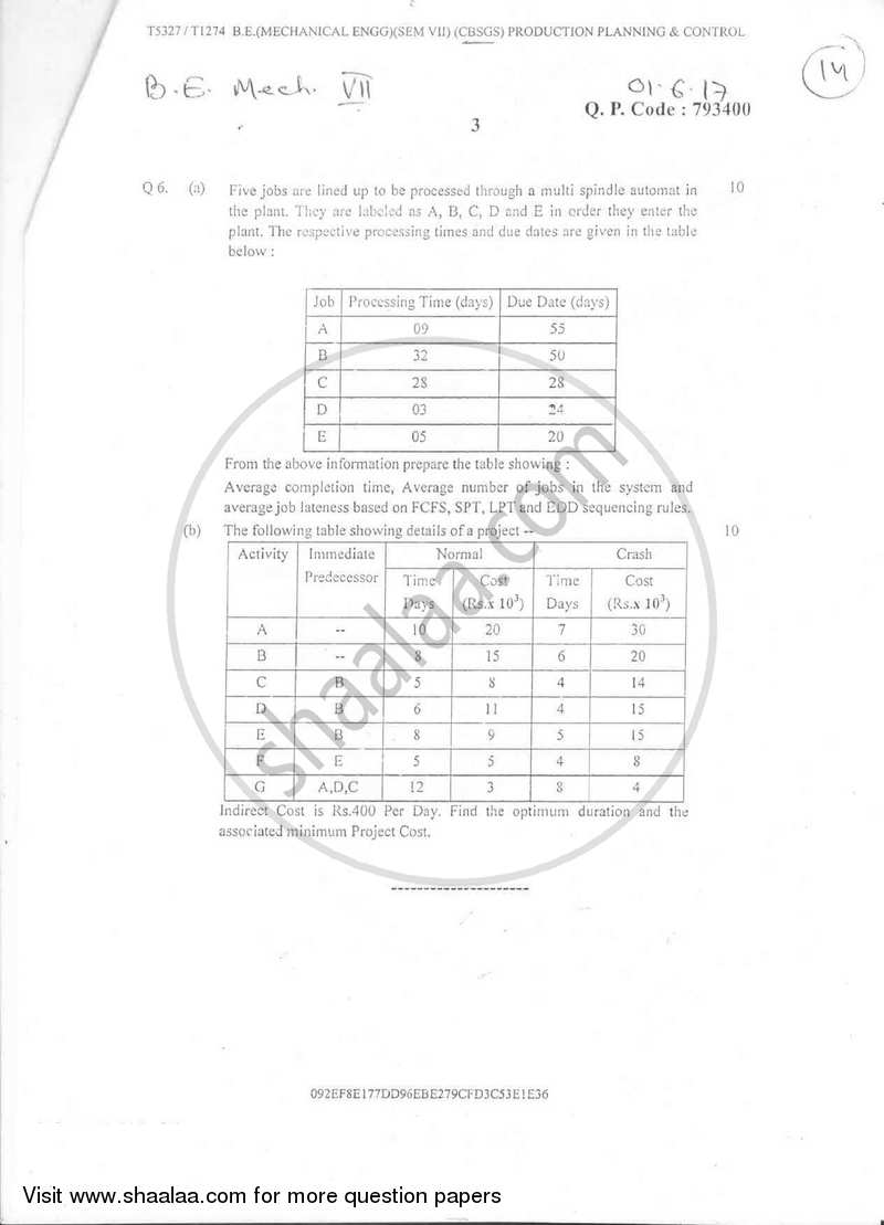 Production Planning and Control 2016-2017 - B.E. - Semester 7 (BE Fourth Year) - University of Mumbai question paper with PDF download
