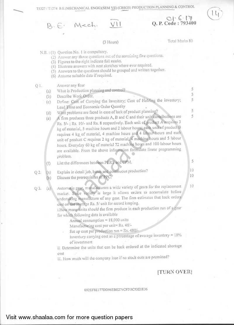 Production Planning and Control 2016-2017 - B.E. - Semester 7 (BE Fourth Year) - University of Mumbai question paper with PDF download